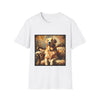 White dog t-shirt with golden retriever on ornate couch, painted in rich textured brushstrokes.
