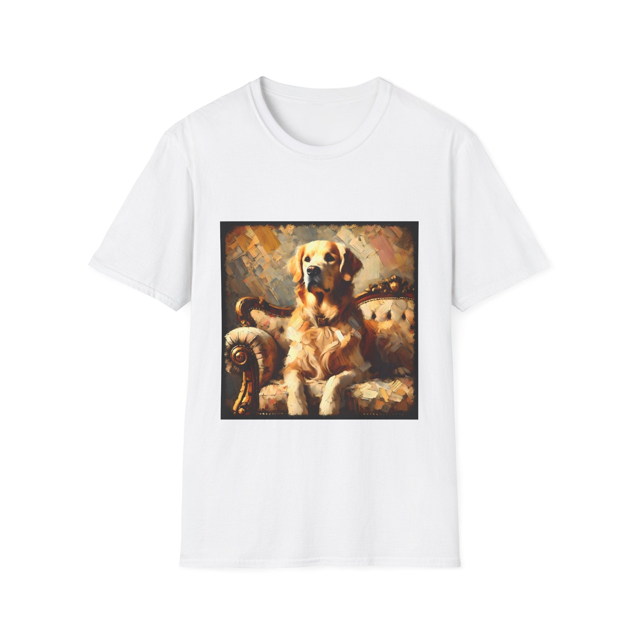 White dog t-shirt with golden retriever on ornate couch, painted in rich textured brushstrokes.