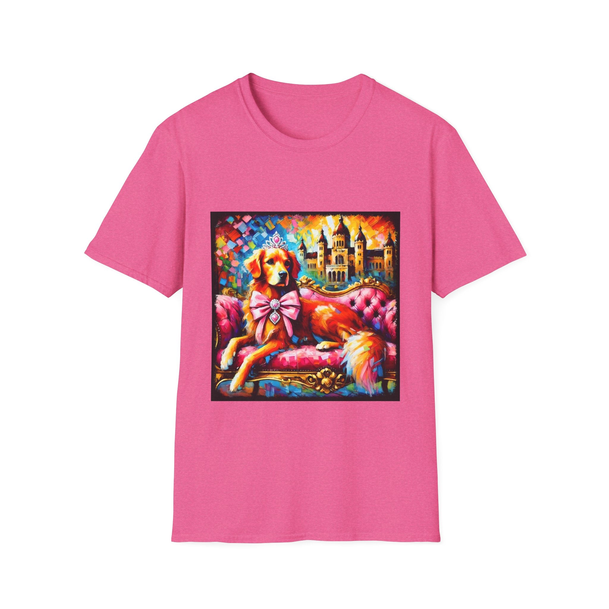 Bright pink dog t-shirt featuring golden retriever princess on pink settee with tiara and castle backdrop.