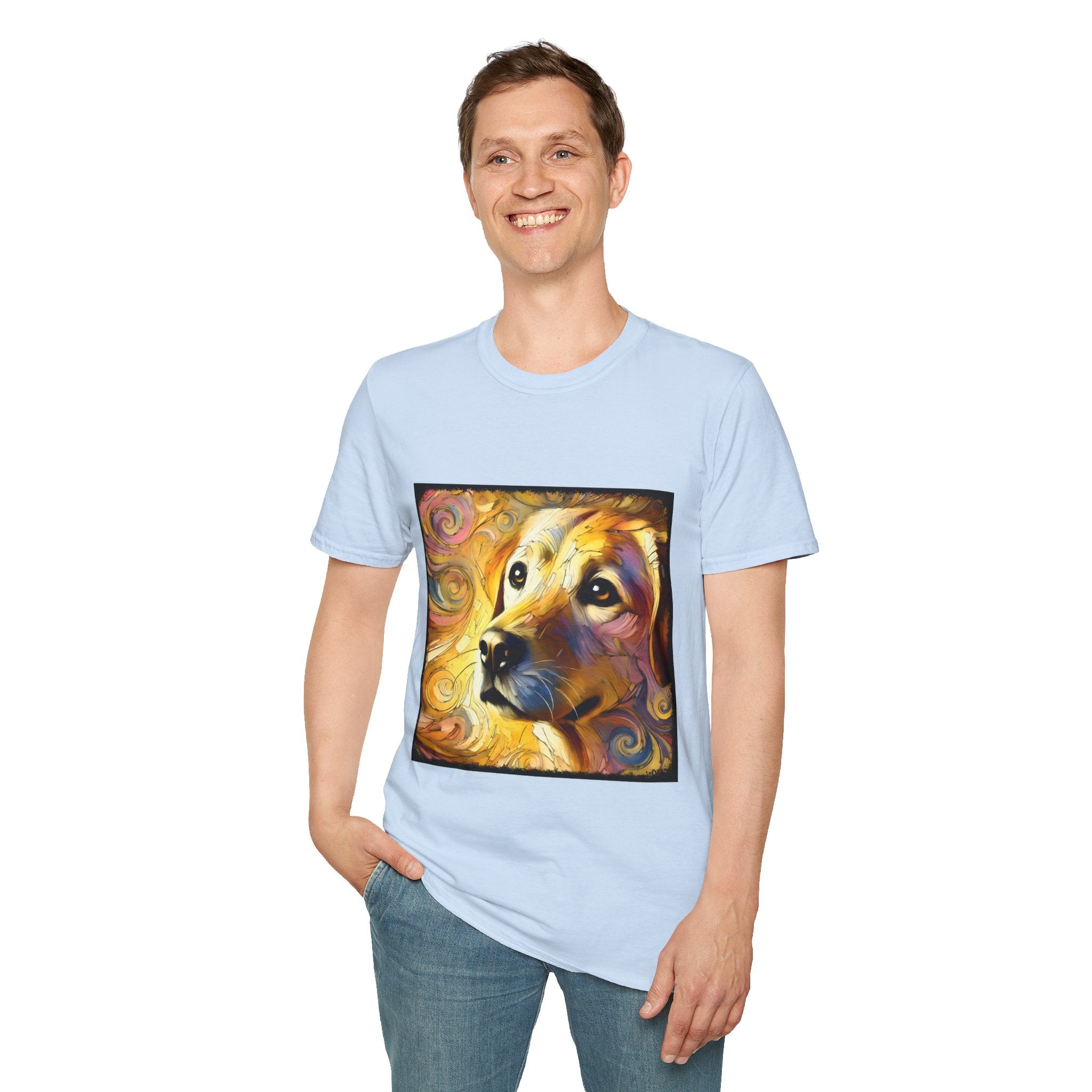 Male model wears light blue dog t-shirt featuring a golden retriever with swirling brushstroke-style yellow-orange background.