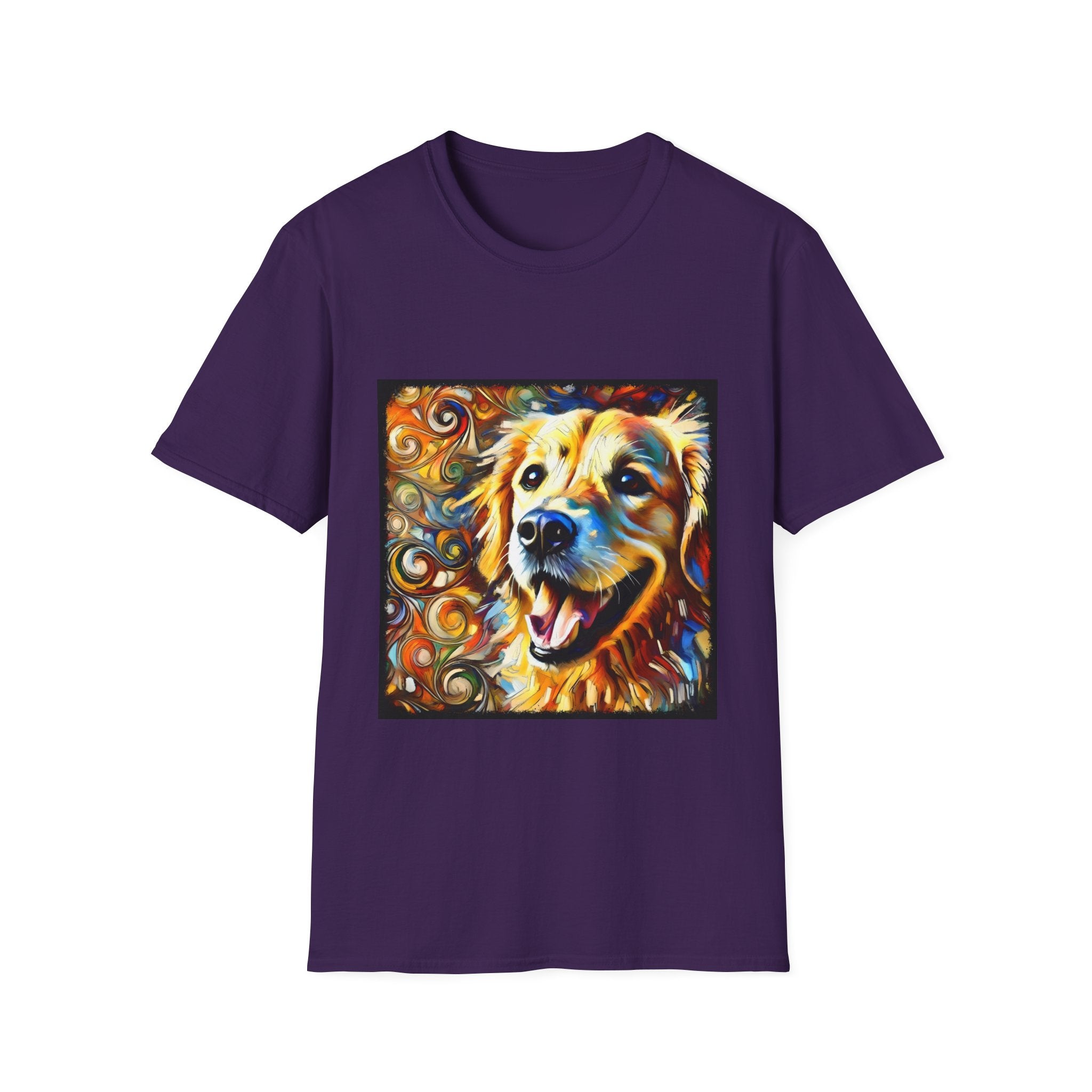 Purple dog t-shirt featuring smiling golden retriever portrait with bold swirls in orange, gold, and blue.