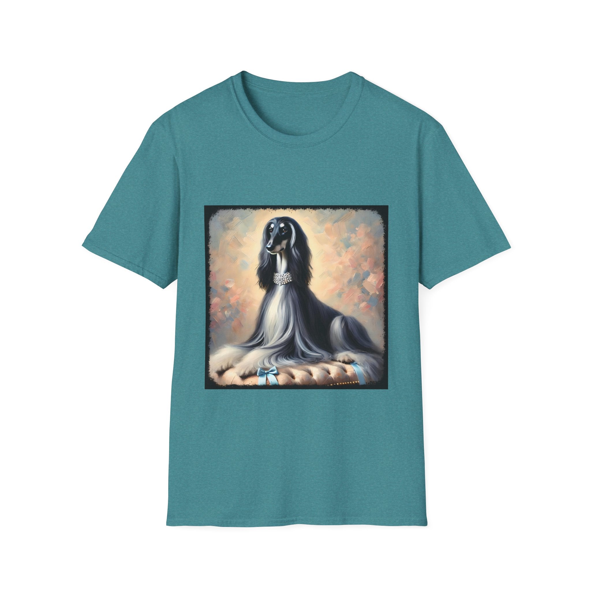 Front view of teal dog t-shirt featuring black and white Afghan Hound on cushion with diamond necklace, pastel background.