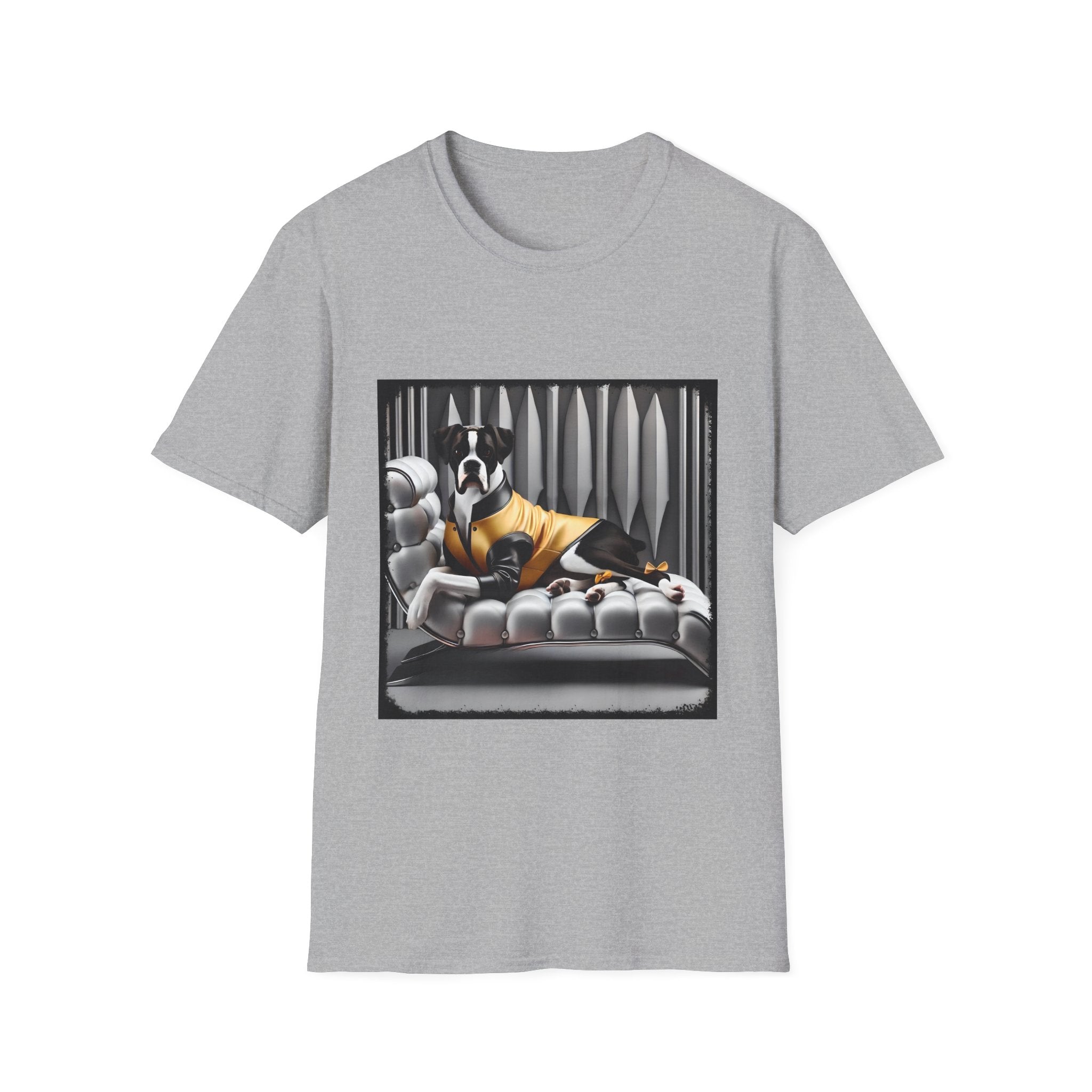 Sport gray dog t-shirt featuring a black and white boxer lounging on silver tufted couch in yellow jacket with striped wall.
