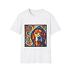 White dog t-shirt with golden retriever in blue hoodie, bold swirls in red, orange, and teal behind.