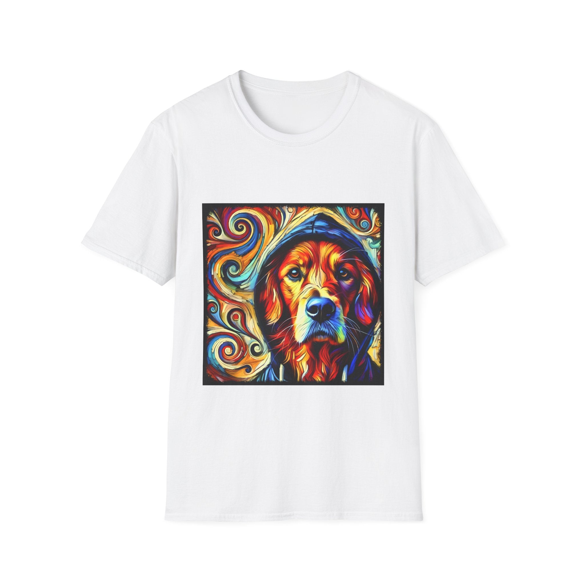 White dog t-shirt with golden retriever in blue hoodie, bold swirls in red, orange, and teal behind.