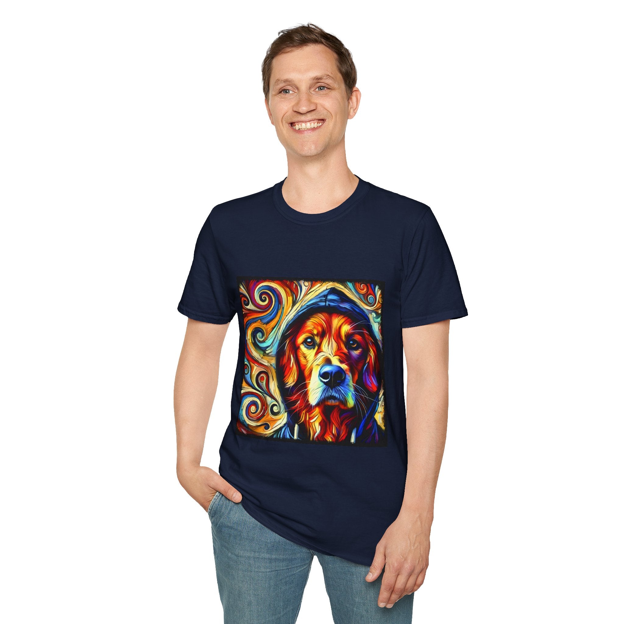 Male model in navy dog t-shirt with golden retriever in blue hoodie, bold swirls in red, orange, and teal behind.