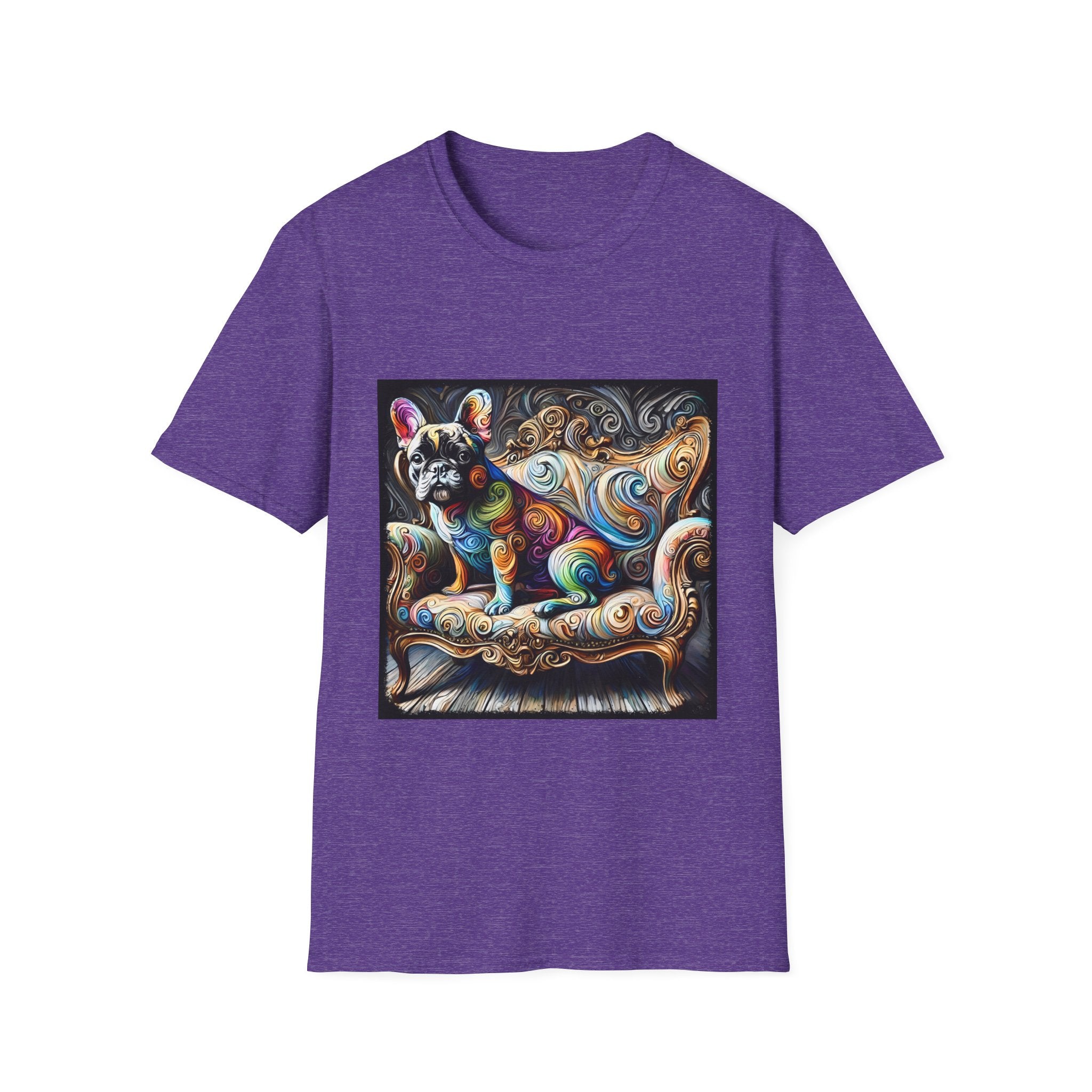 Heather purple t-shirt featuring rainbow French Bulldog on golden settee with swirl pattern, expressionism style.