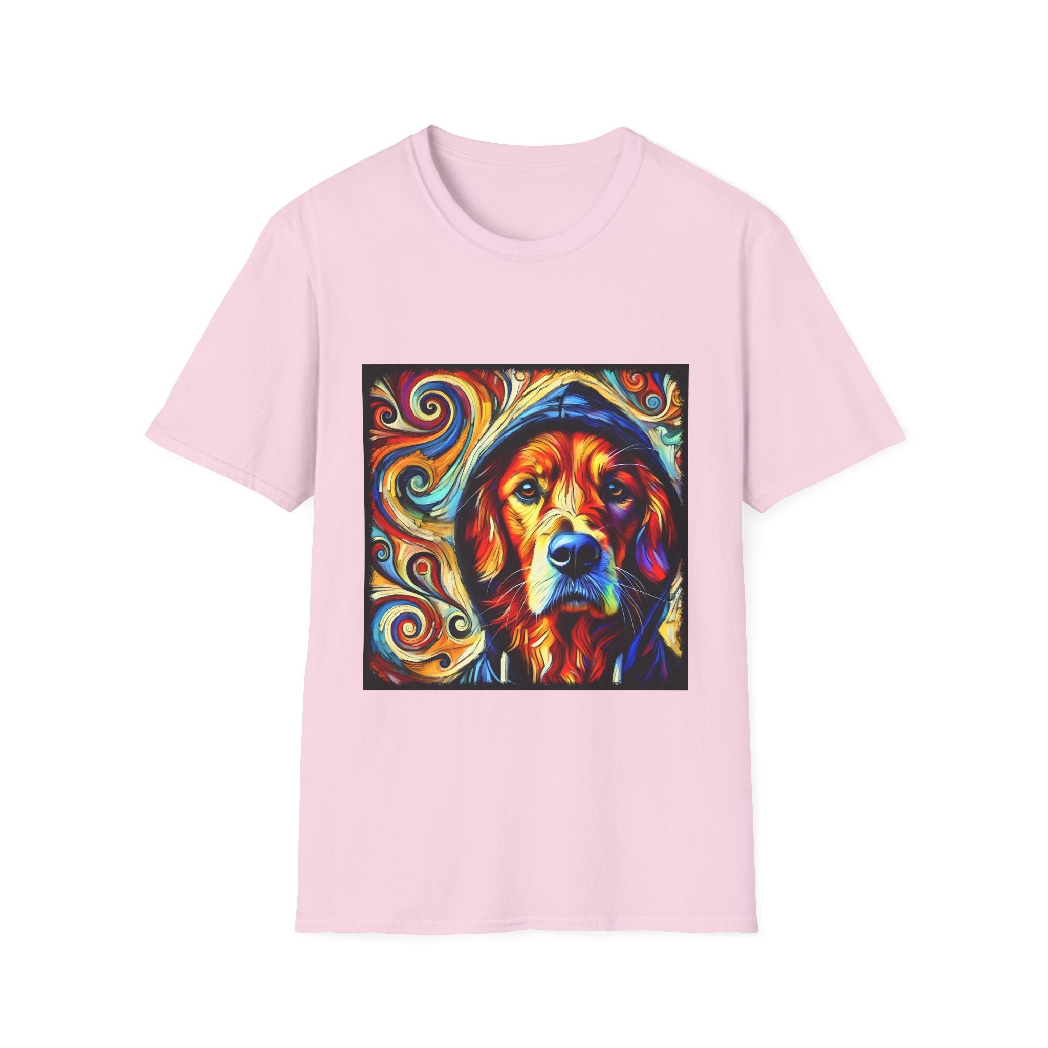 Light pink dog t-shirt with golden retriever in blue hoodie, bold swirls in red, orange, and teal behind.