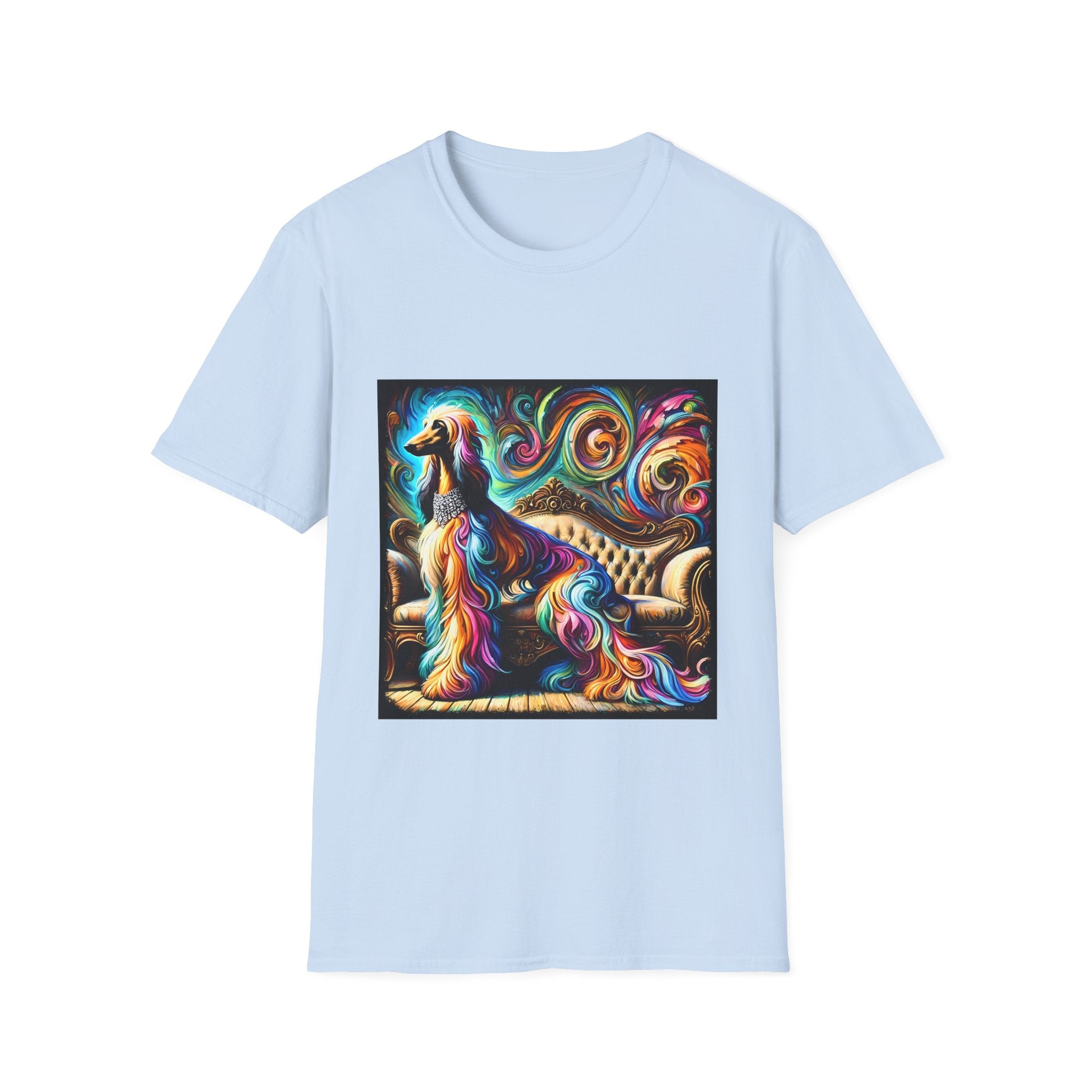 front view of ight blue dog t-shirt of Afghan Hound dog sitting before ornate settee, colorful swirling fur and vivid abstract background.