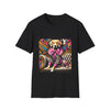 Black dog t-shirt with golden retriever in striped outfit and pink bow on bold pop-art settee.