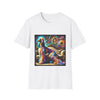 front view of white dog t-shirt of Afghan Hound dog sitting before ornate settee, colorful swirling fur and vivid abstract background.