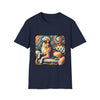 Navy dog t-shirt featuring golden retriever with pink heart collar on colorful tufted settee.
