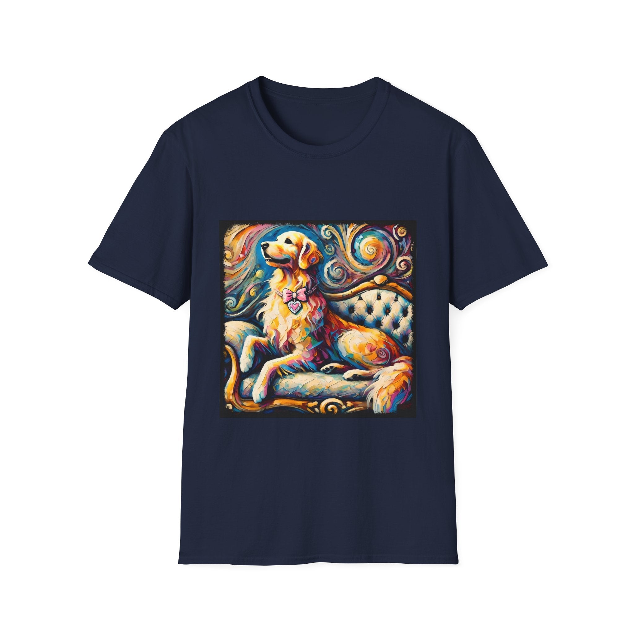 Navy dog t-shirt featuring golden retriever with pink heart collar on colorful tufted settee.