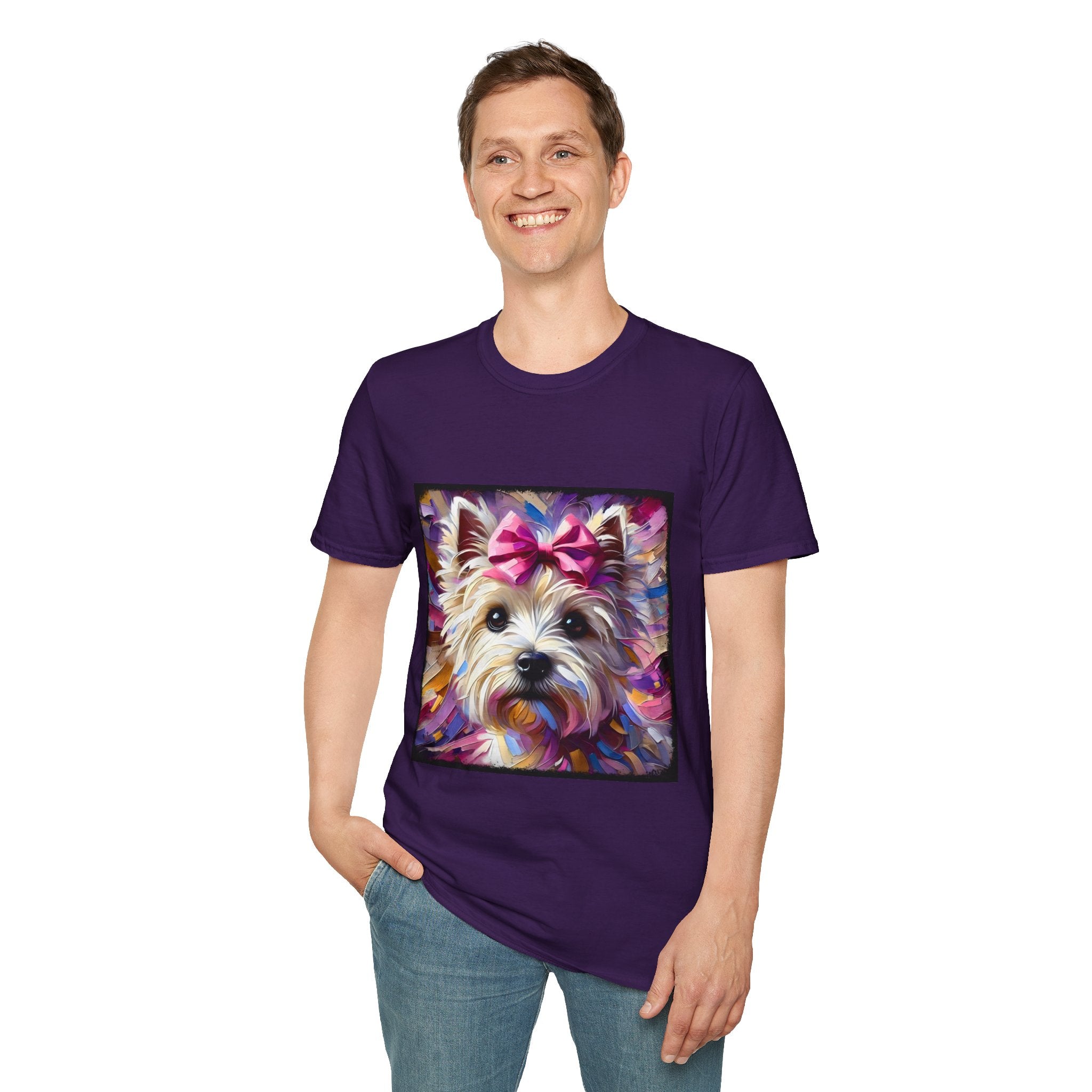 Male model in purple dog t-shirt with Westie face, pink bow, and bold brushstroke colors in purple, pink, and gold.