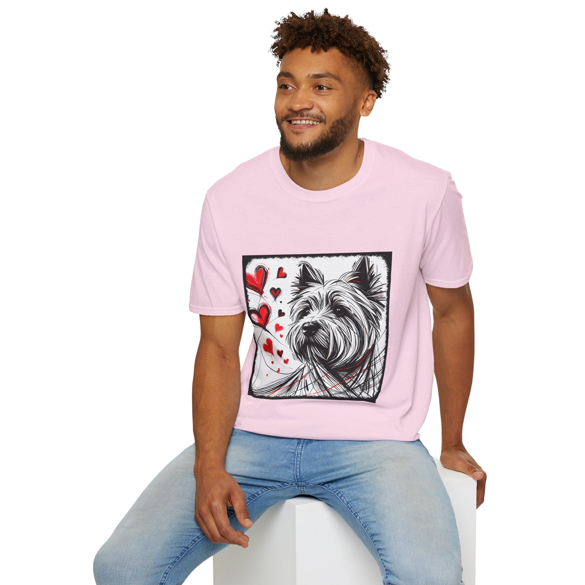 Male model in light pink dog t-shirt featuring sketch-style Westie with red hearts and abstract black line accents.
