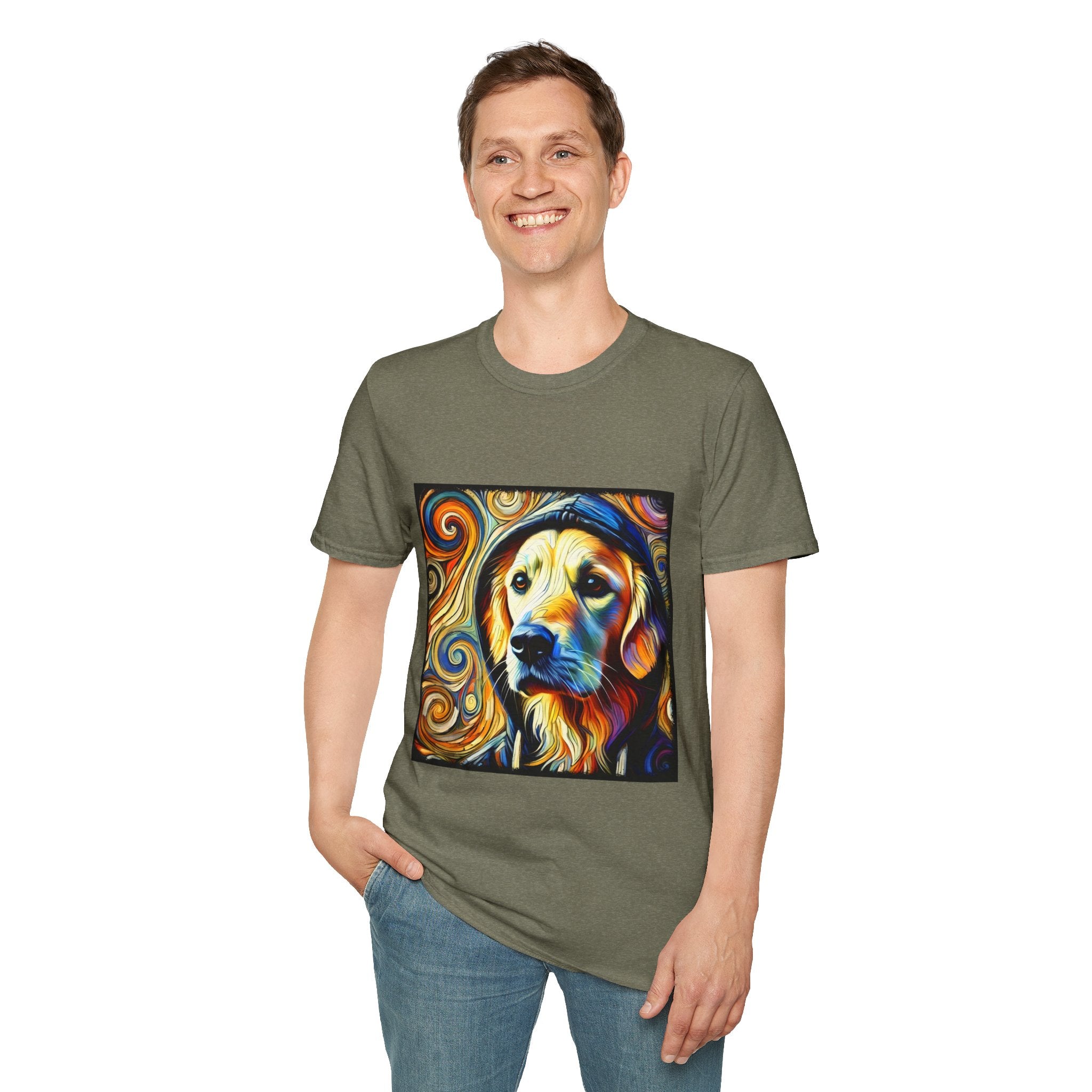 Male model in heather military green dog t-shirt with golden retriever in hoodie, swirled background in orange, yellow, and teal tones.
