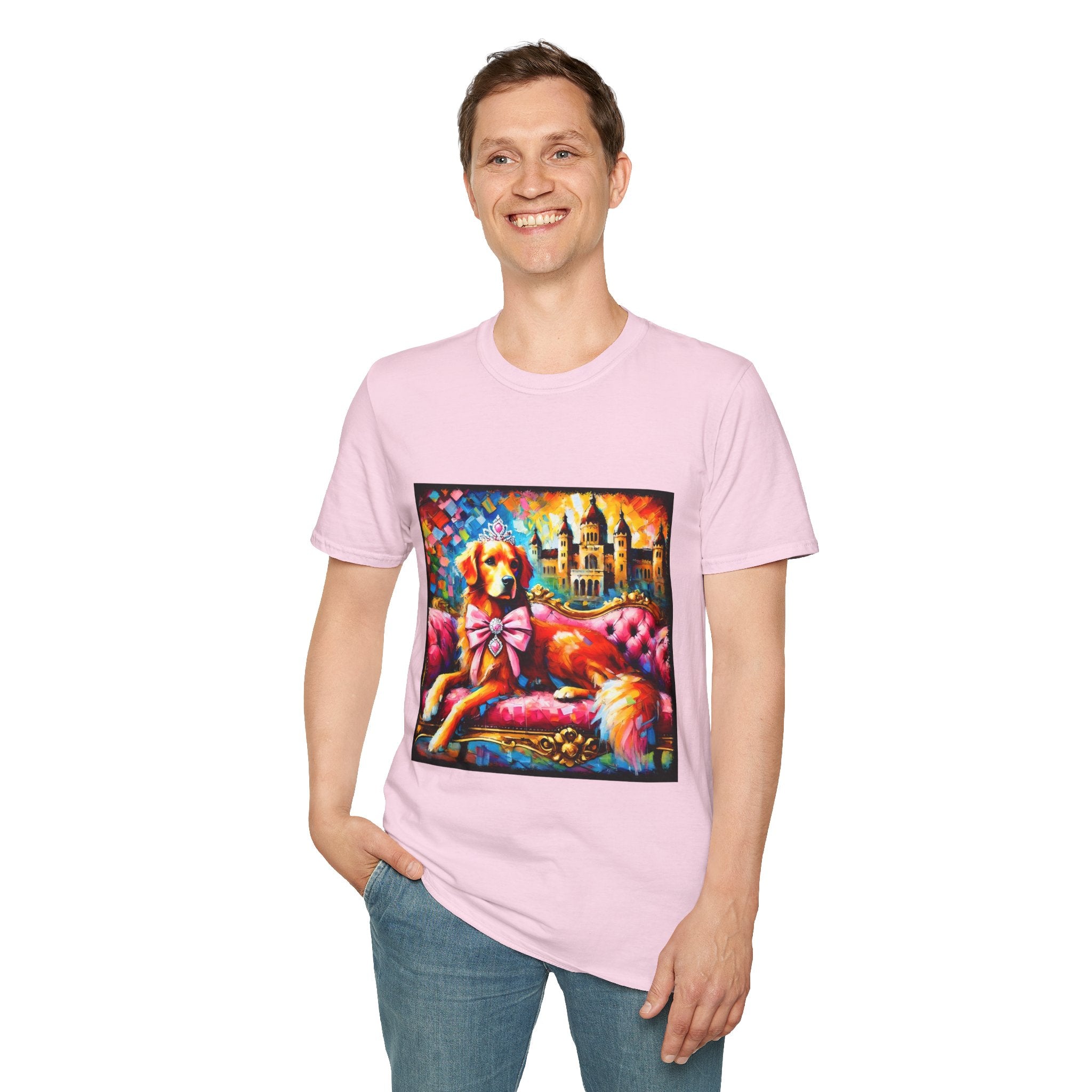 Male model in light pink dog t-shirt featuring golden retriever princess on pink settee with tiara and castle backdrop.
