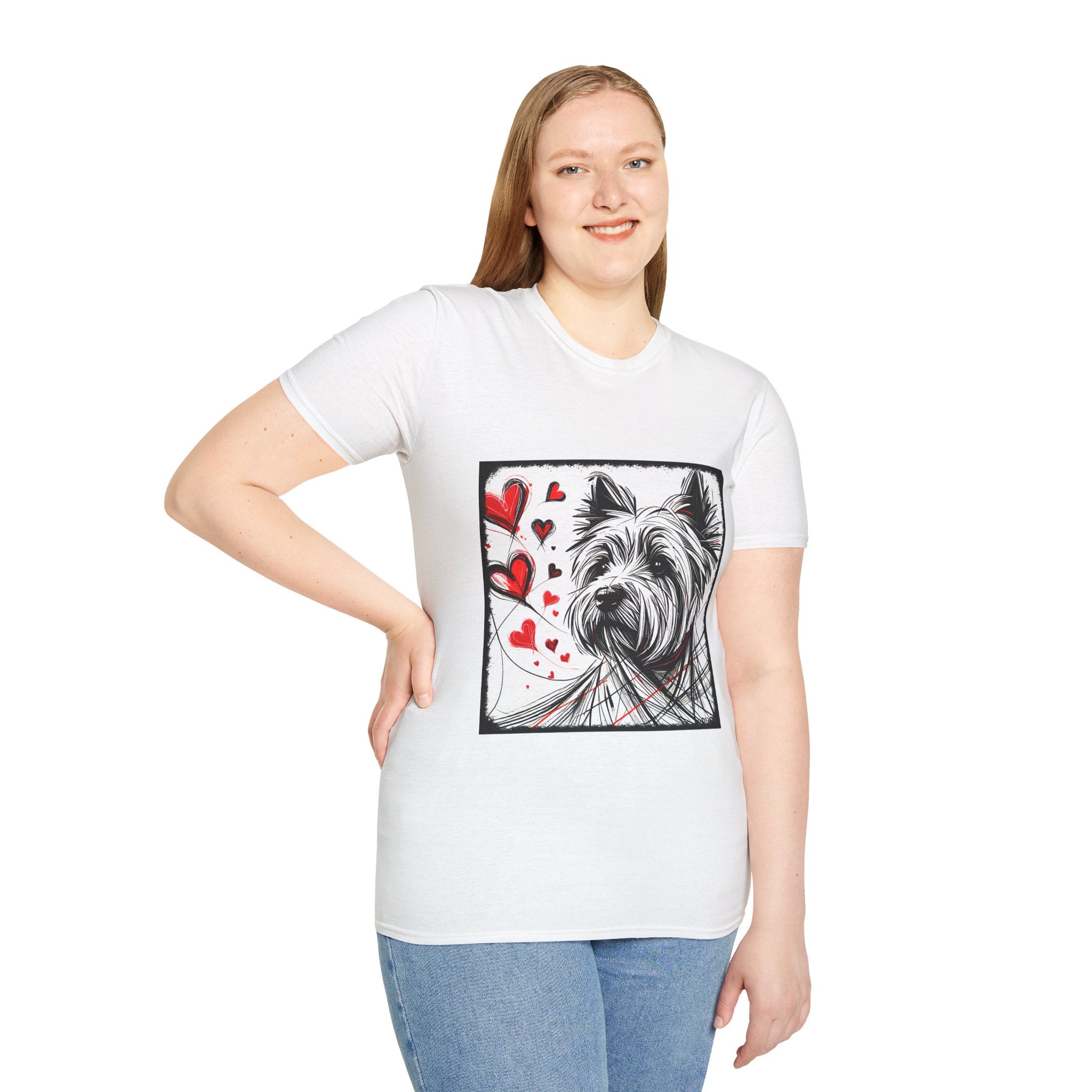 Female model in white dog t-shirt featuring sketch-style Westie with red hearts and abstract black line accents.