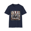 Navy blue dog t-shirt featuring Boston Terrier in leather studded jacket on striped chair with metallic swirl background.