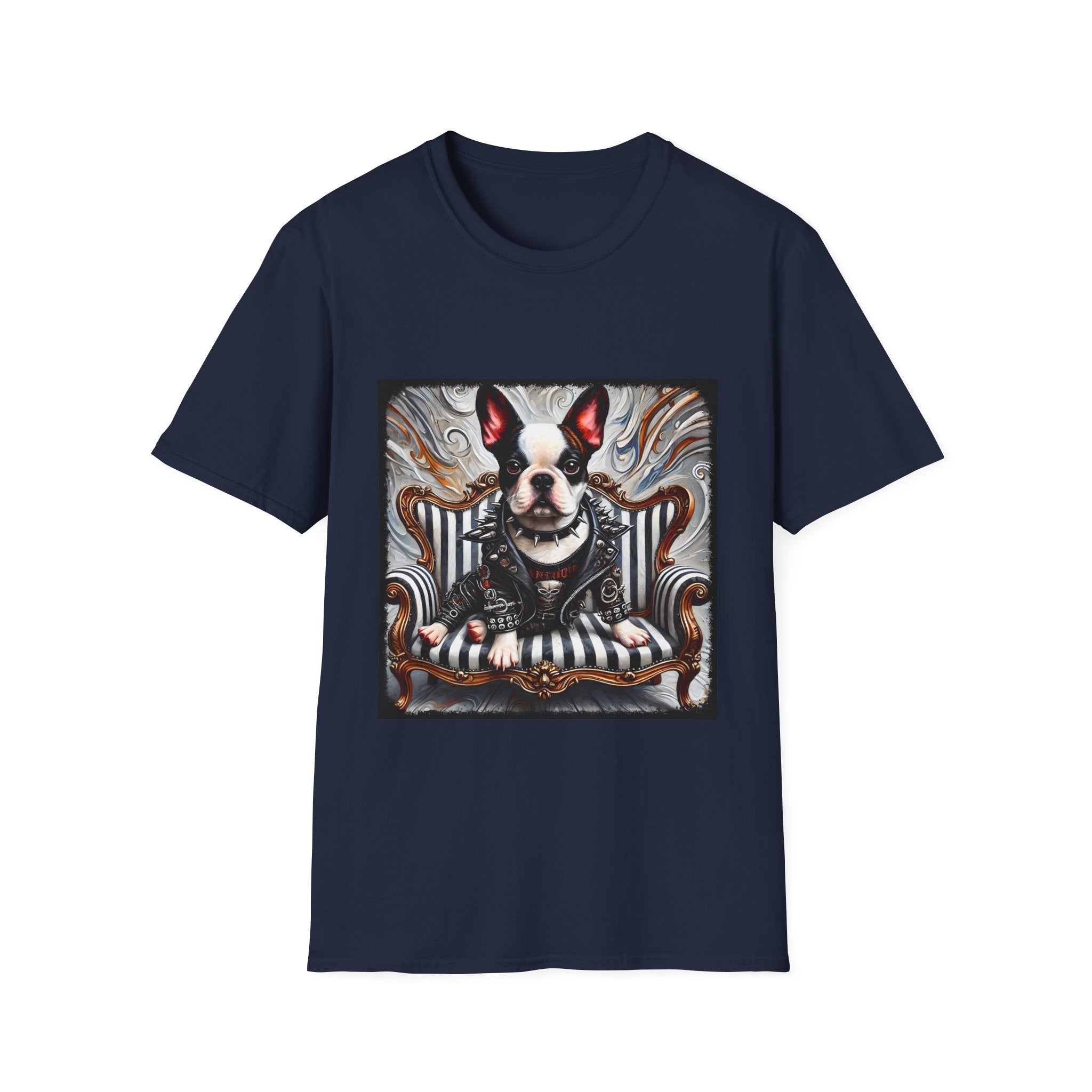 Navy blue dog t-shirt featuring Boston Terrier in leather studded jacket on striped chair with metallic swirl background.