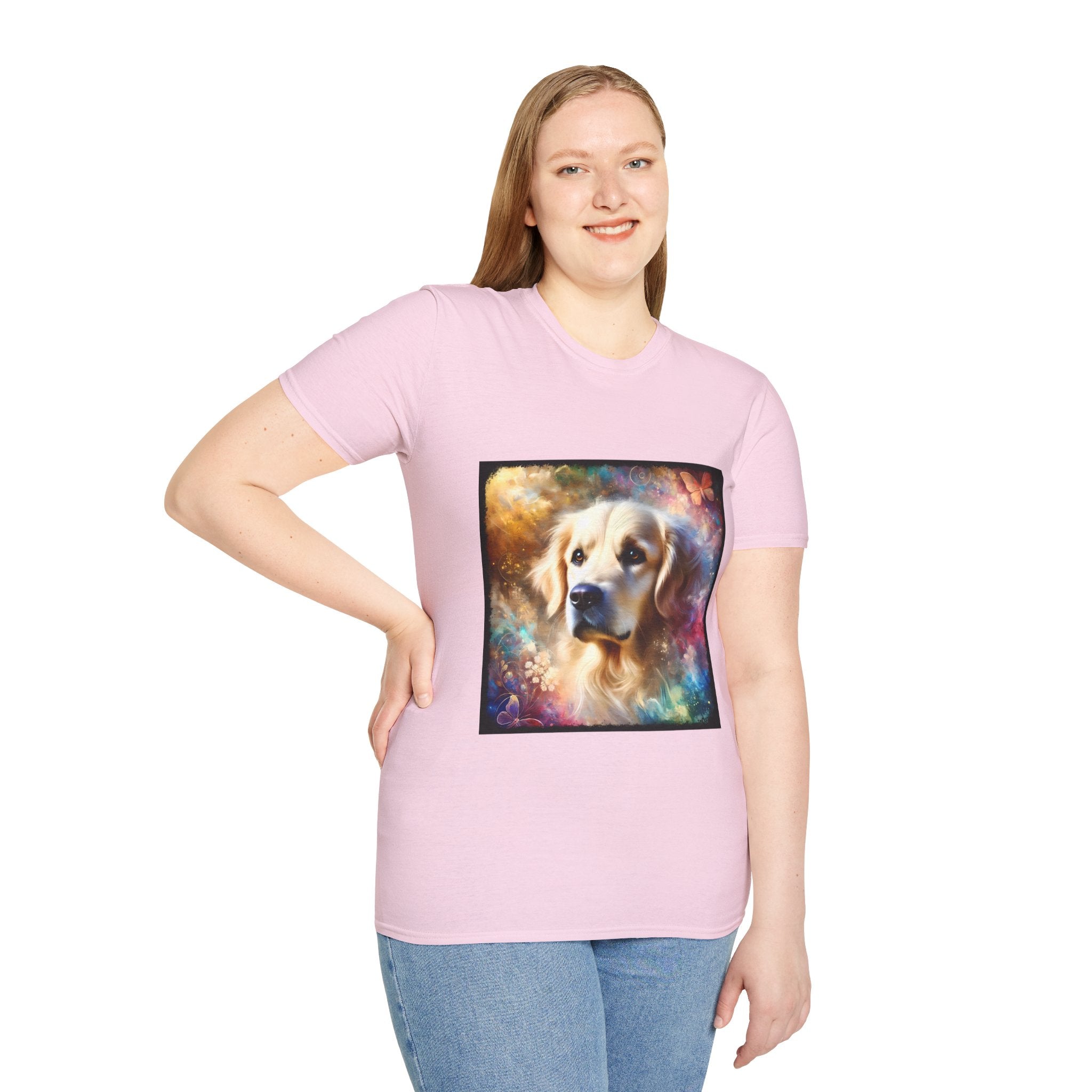 Female model in light pink dog t-shirt with golden retriever portrait, soft fur, butterflies, and dreamy pastel colors.