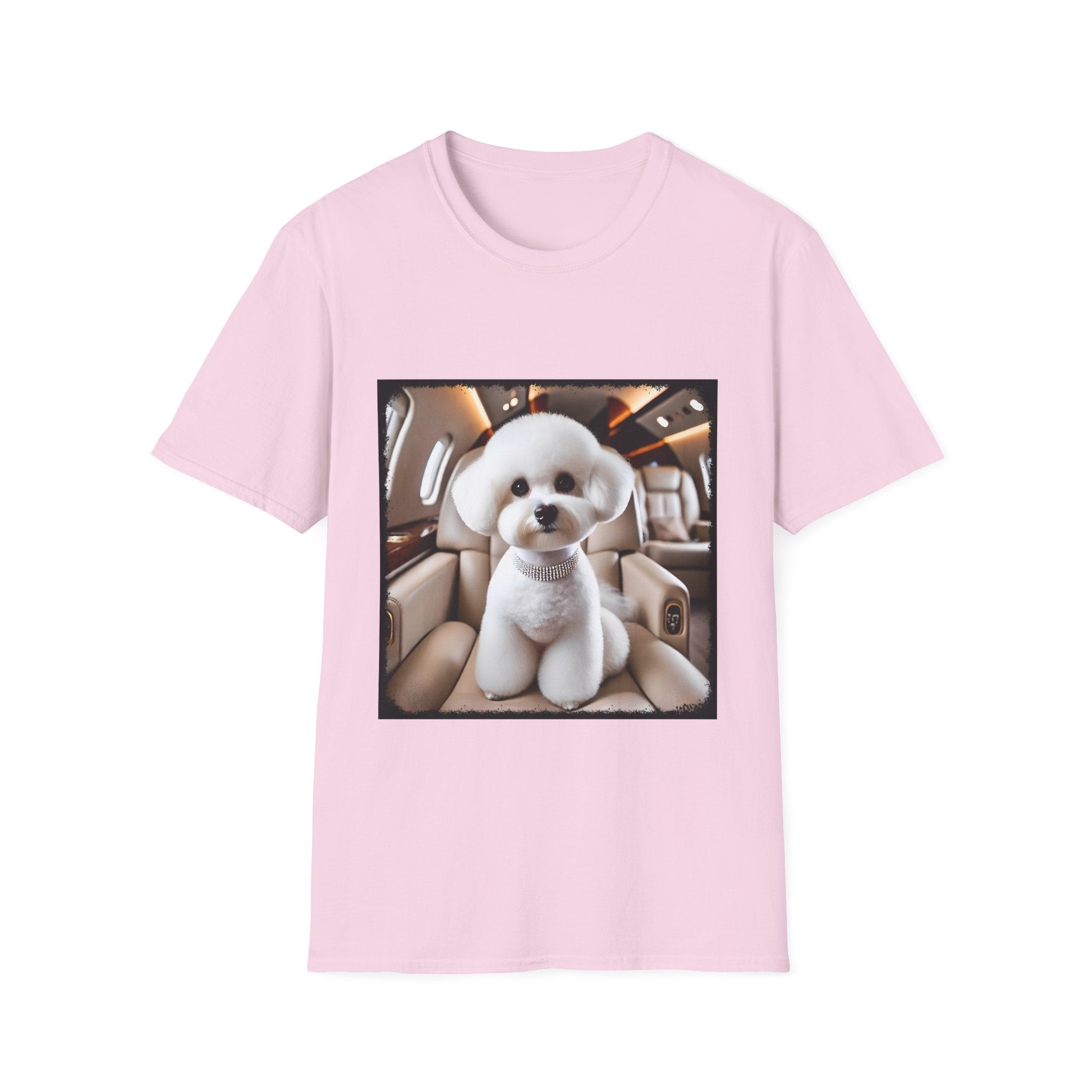 Pink t-shirt with a graphic of a white Bichon Frise in a Jet on a white background