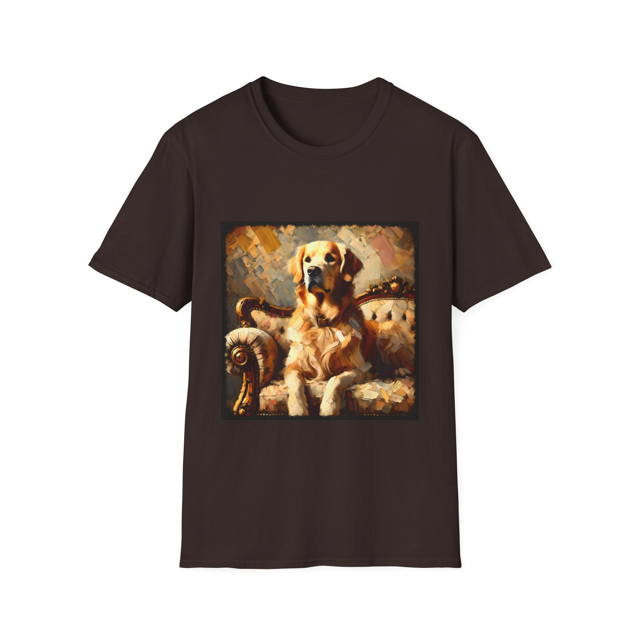 Dark chocolate dog t-shirt with golden retriever on ornate couch, painted in rich textured brushstrokes.