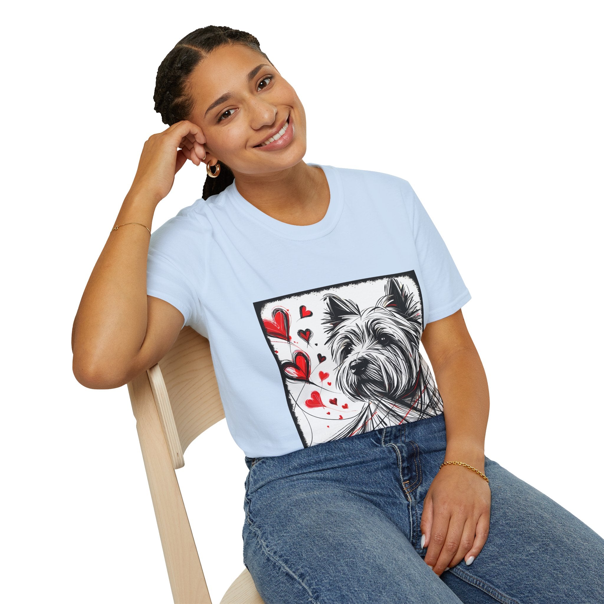 Female model in light blue dog t-shirt featuring sketch-style Westie with red hearts and abstract black line accents.