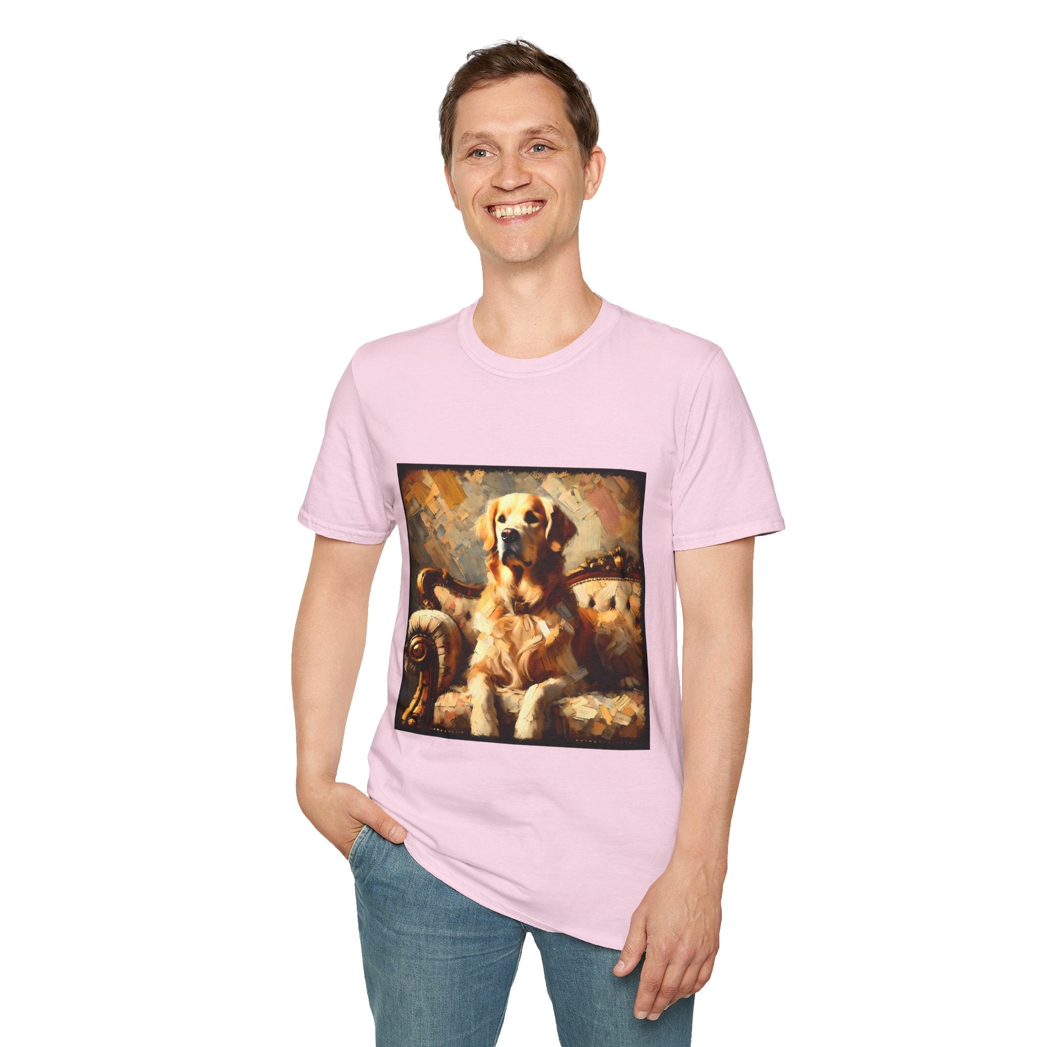 Male model in light pink dog t-shirt with golden retriever on ornate couch, painted in rich textured brushstrokes.