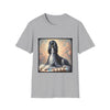 Front view of ice gray dog t-shirt featuring black and white Afghan Hound on cushion with diamond necklace, pastel background.