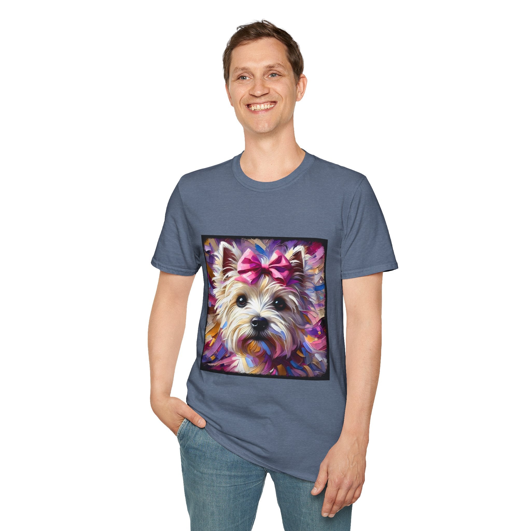 Male model in heather indigo dog t-shirt with Westie face, pink bow, and bold brushstroke colors in purple, pink, and gold.