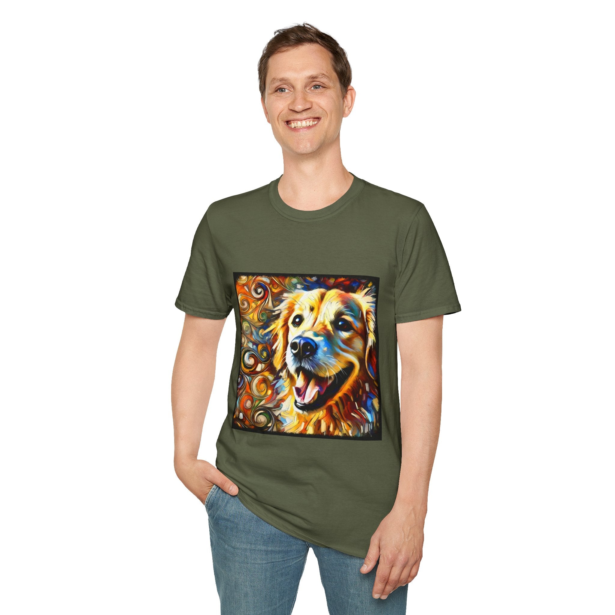 Male model in military green dog t-shirt featuring smiling golden retriever portrait with bold swirls in orange, gold, and blue.