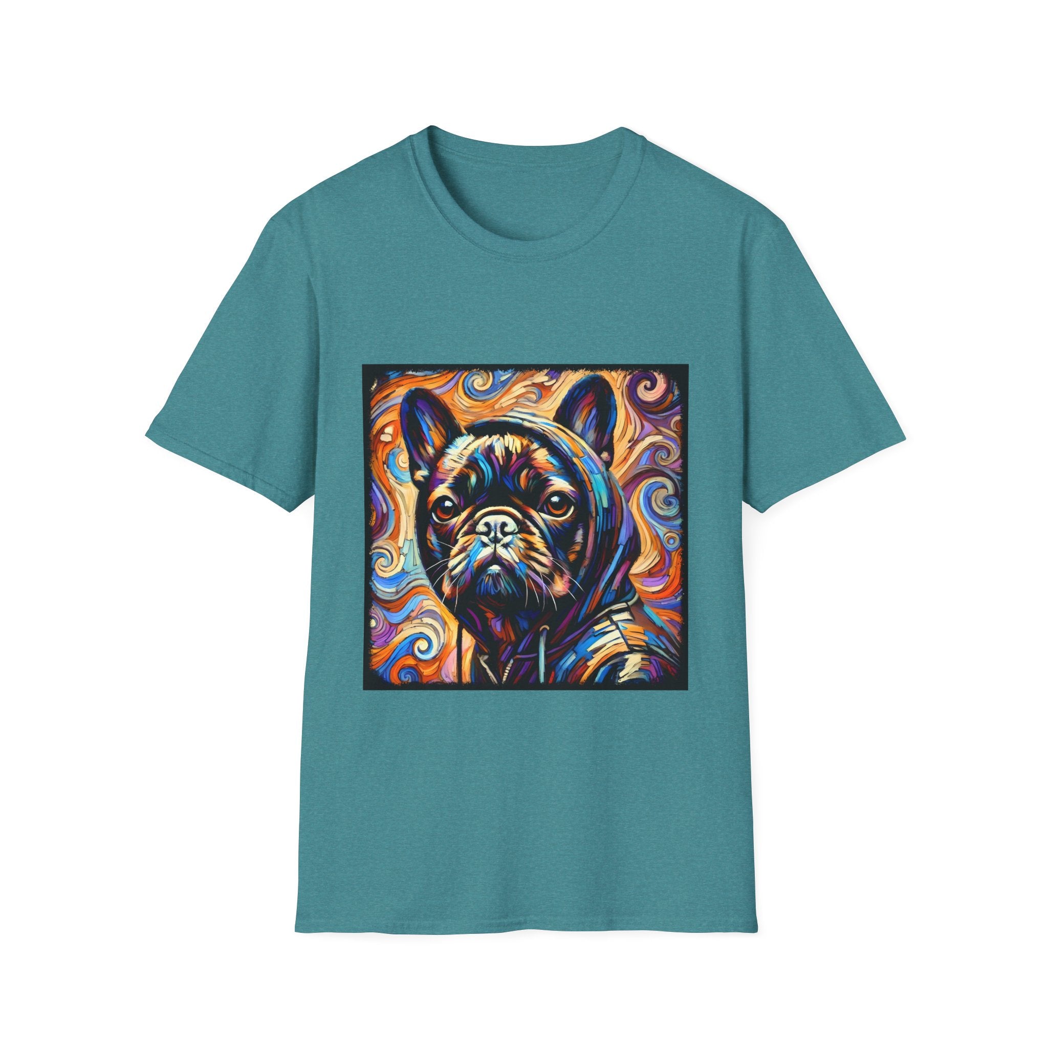 Dog t-shirt in teal featuring colorful French Bulldog in hoodie, set against vivid swirl-patterned background.