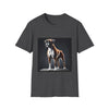 Dark heather dog t-shirt featuring standing boxer on platform with black background and dramatic lighting.