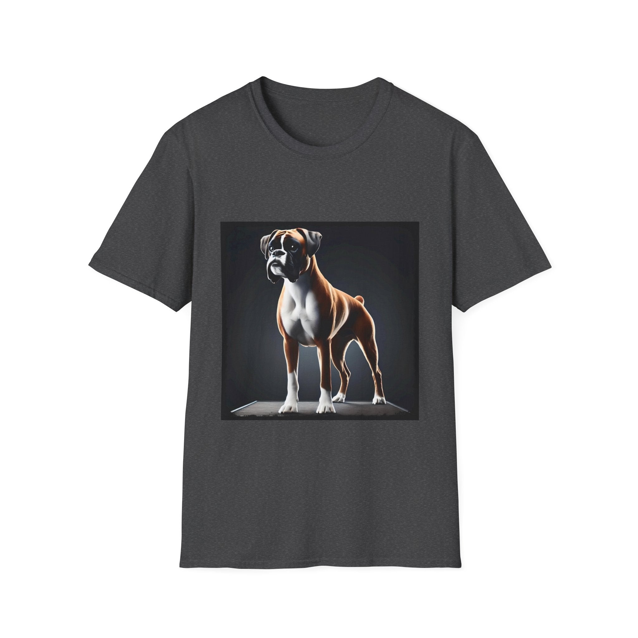 Dark heather dog t-shirt featuring standing boxer on platform with black background and dramatic lighting.
