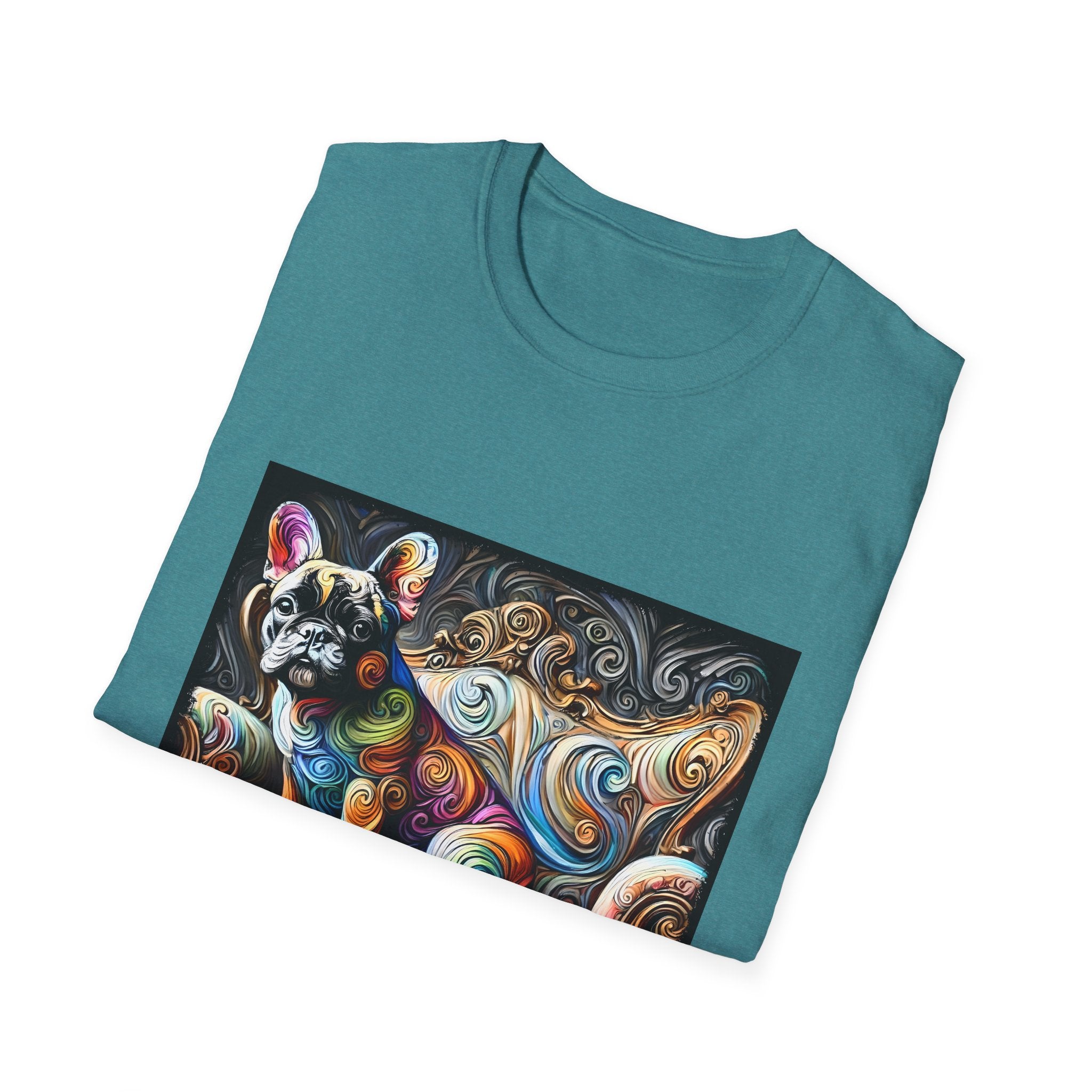 View of folded teal t-shirt featuring rainbow French Bulldog on golden settee with swirl pattern, expressionism style.