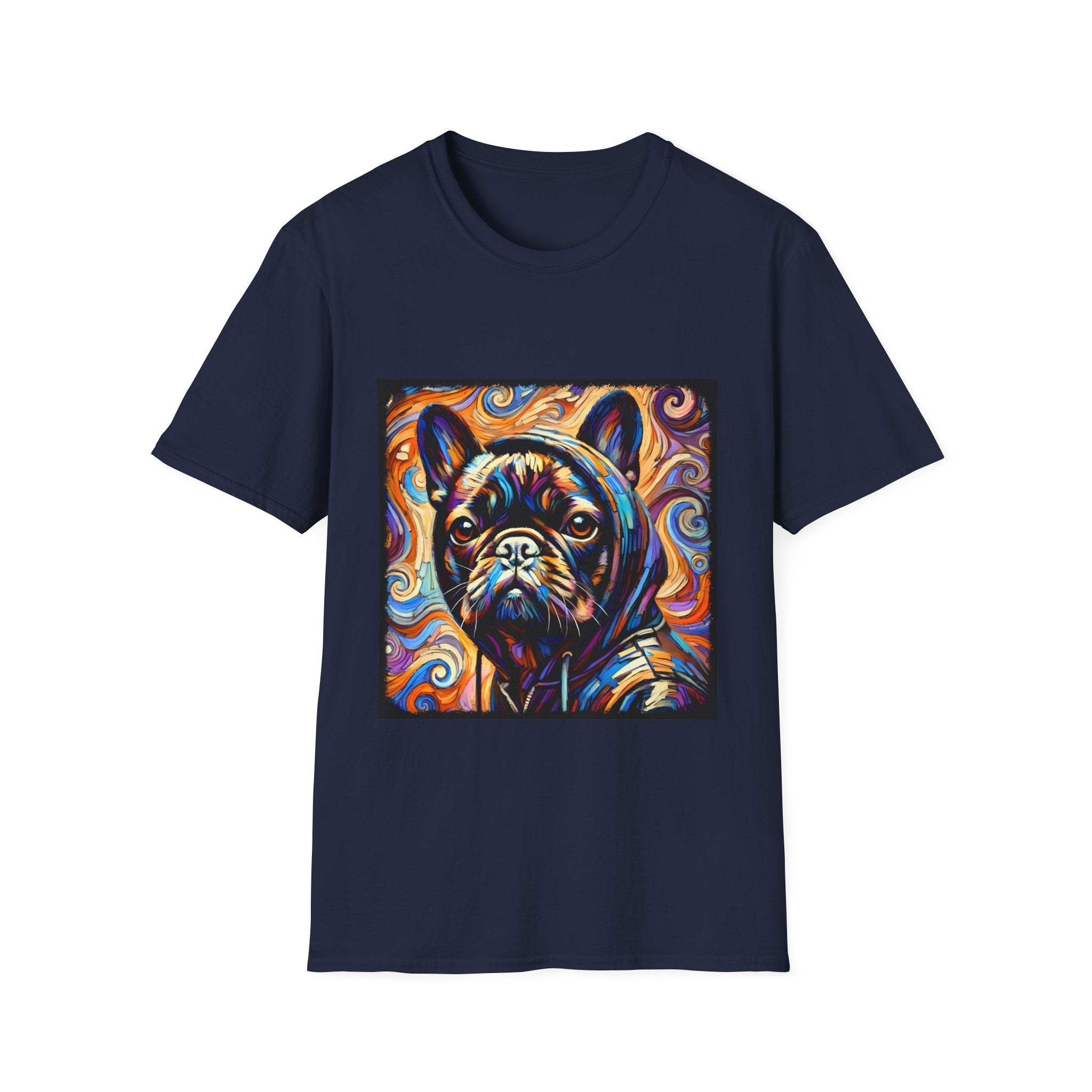 Dog t-shirt in navy blue featuring colorful French Bulldog in hoodie, set against vivid swirl-patterned background.