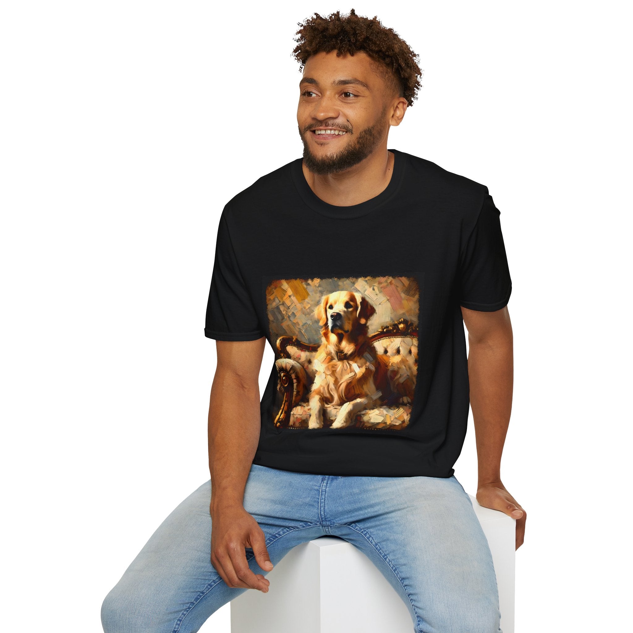 Male model in black dog t-shirt with golden retriever on ornate couch, painted in rich textured brushstrokes.