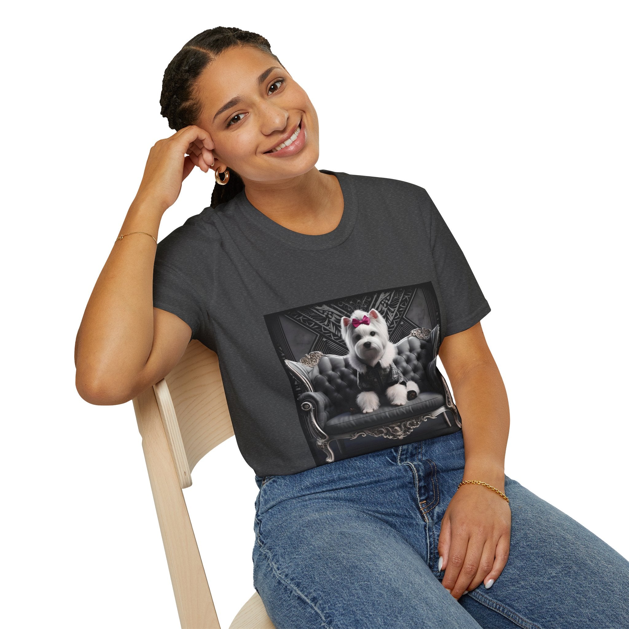 Female model in dark heather gray dog t-shirt featuring Westie in black outfit with pink bow seated on ornate gothic black couch.