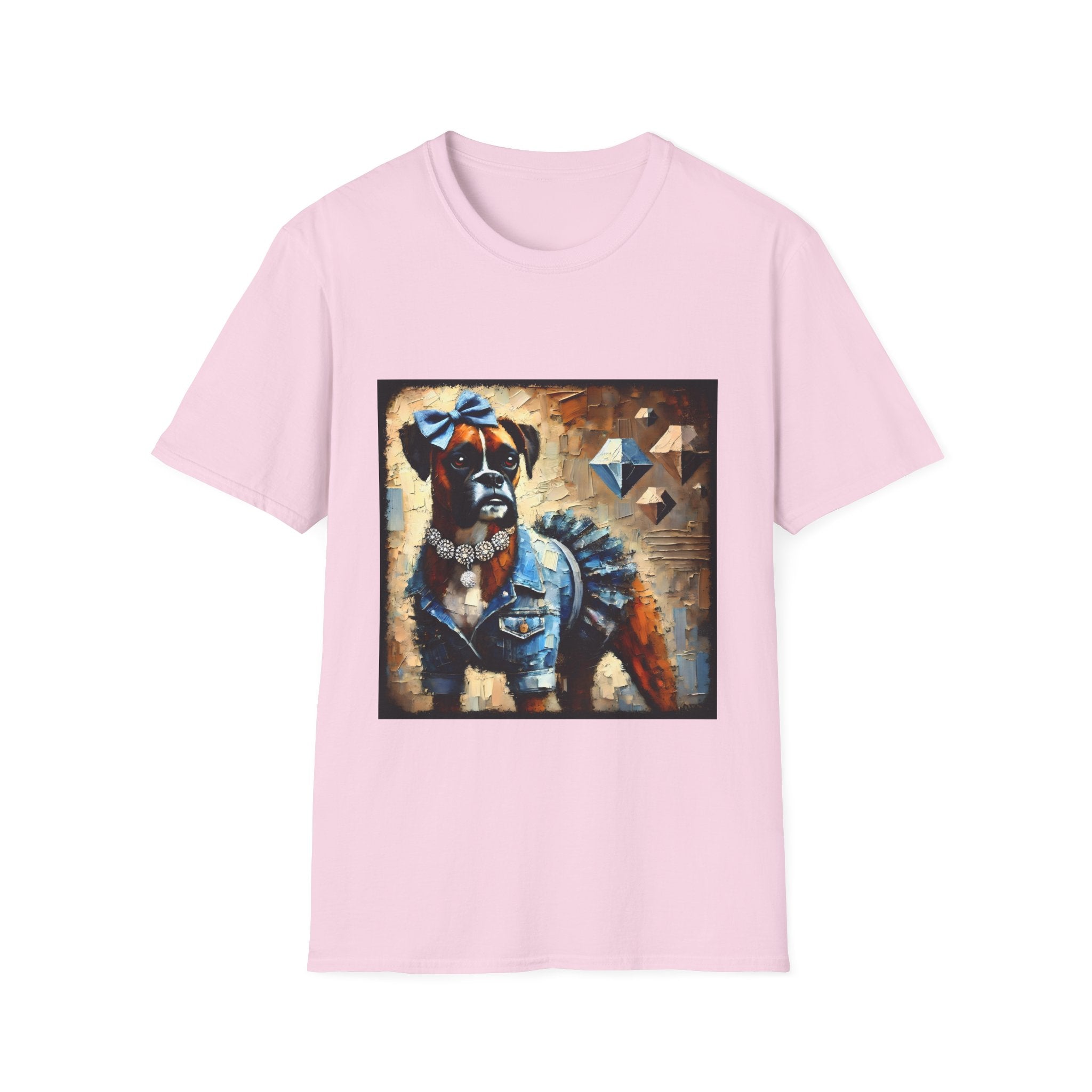 Light pink dog t-shirt with boxer in denim ruffle dress, blue bow, diamond collar, and abstract gem background.