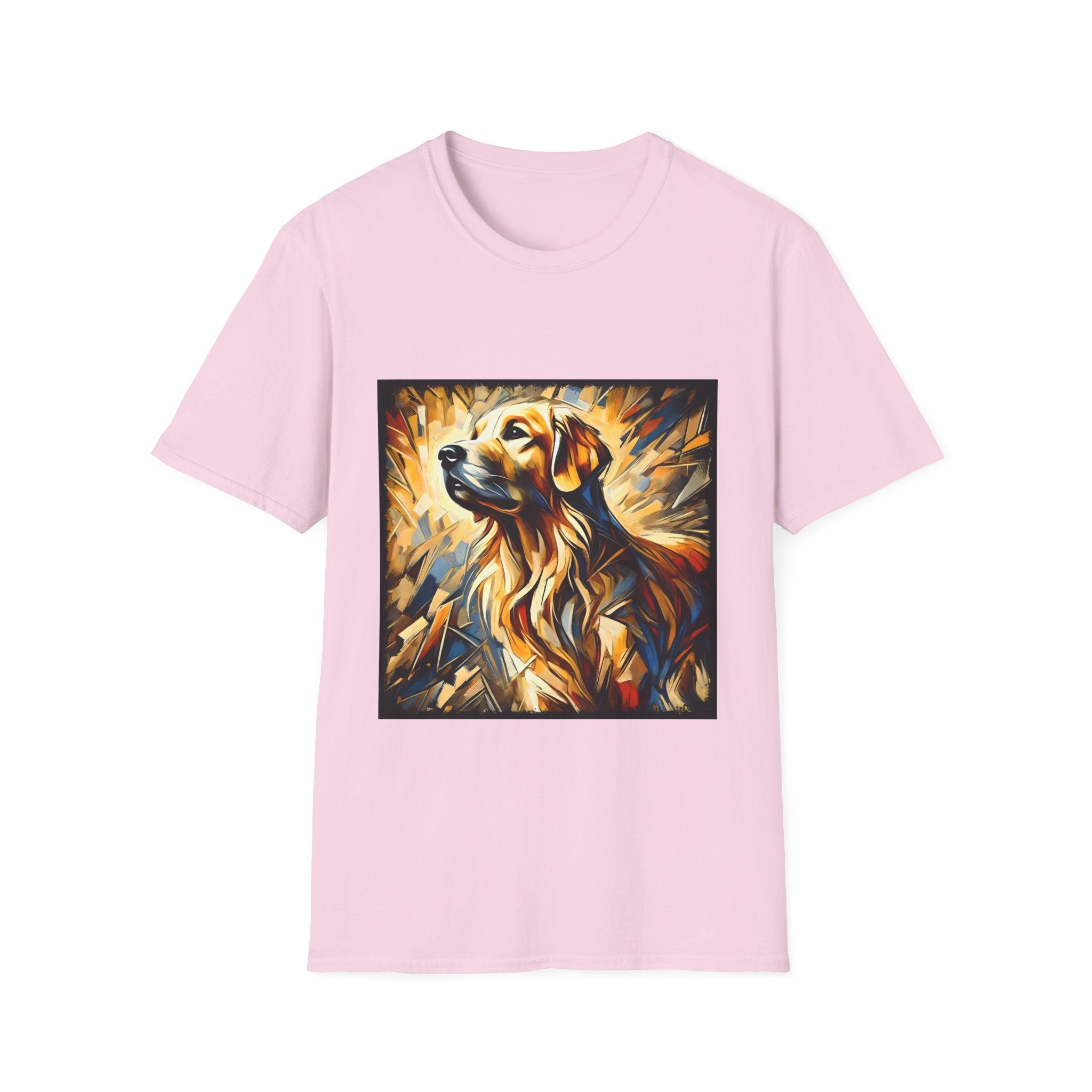 Light pink dog t-shirt featuring golden retriever portrait with fiery gold, blue, and amber abstract swirls.