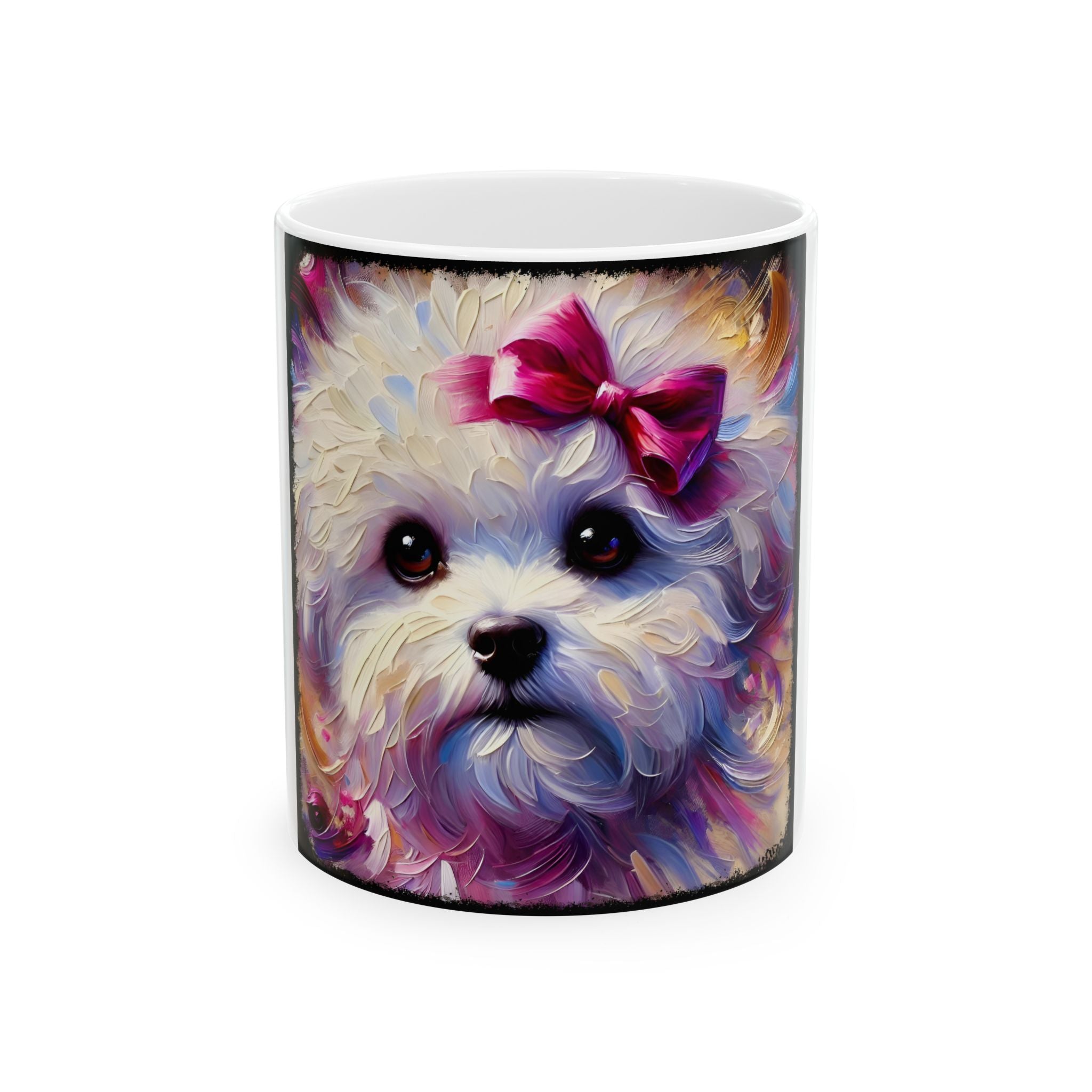 Mug with a colorful design of a Bichon Frise wearing a bow on a white background
