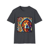 Dark heather gray dog t-shirt with golden retriever in blue hoodie, bold swirls in red, orange, and teal behind.