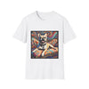 White dog t-shirt featuring fawn French Bulldog with collar lounging on colorful swirl settee with vivid abstract background.