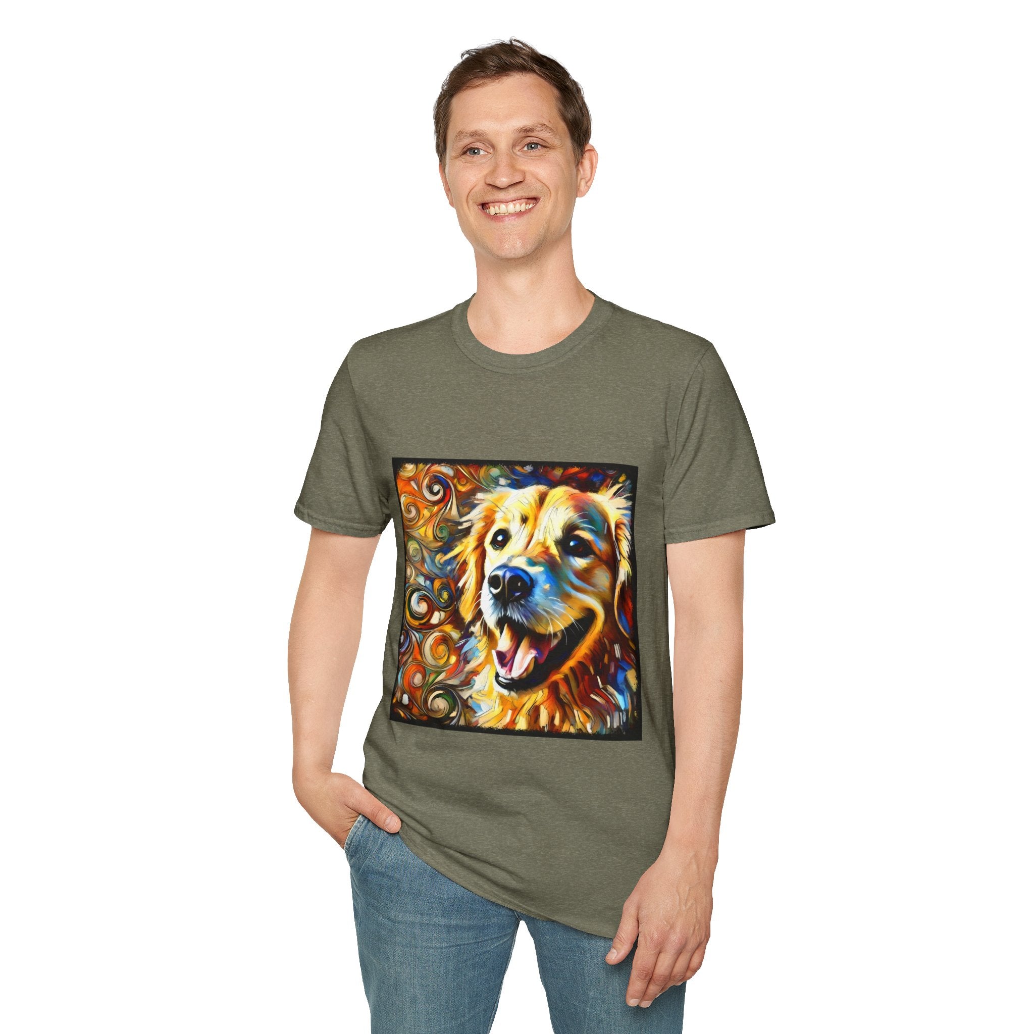 Male standing in heather military green dog t-shirt featuring smiling golden retriever portrait with bold swirls in orange, gold, and blue.