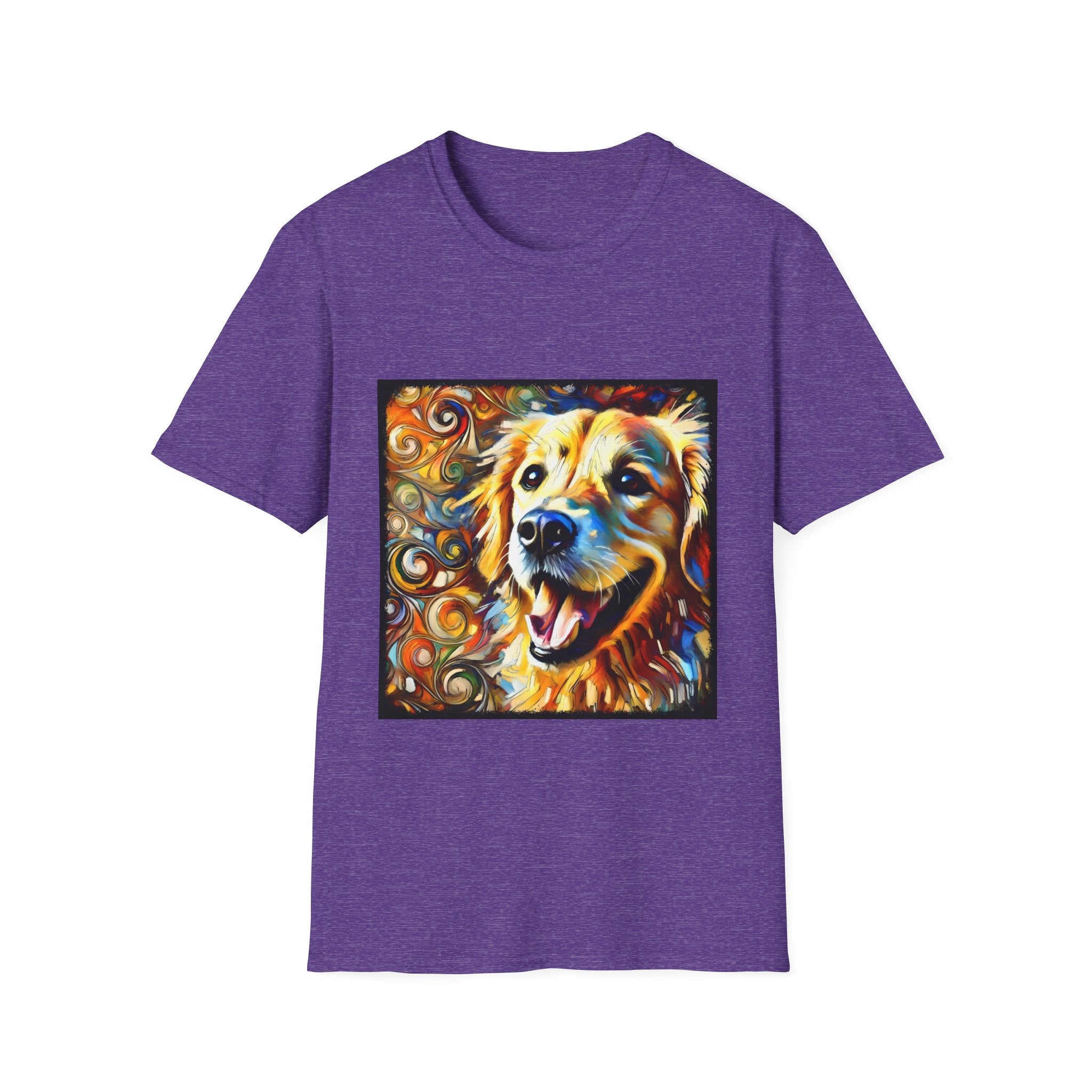 Heather purple dog t-shirt featuring smiling golden retriever portrait with bold swirls in orange, gold, and blue.