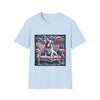 Light blue dog t-shirt featuring a black and white French Bulldog with a pink bow, seated on a tufted pink and gold settee against a swirling blue, pink, and purple expressionist-style background.