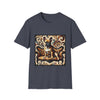 Heather navy t-shirt featuring fawn French Bulldog on ornate amber and black settee with rich tan swirl backdrop.