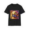 Black dog t-shirt featuring golden retriever with pink bow on head, set against vivid painterly swirls.