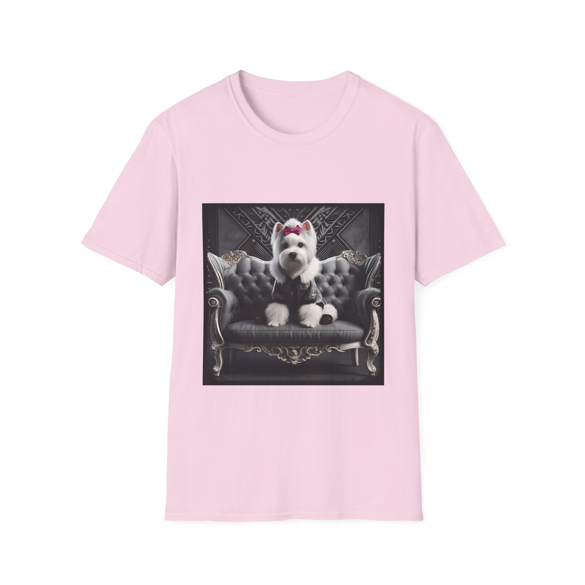 Light pink dog t-shirt featuring Westie in black outfit with pink bow seated on ornate gothic black couch.